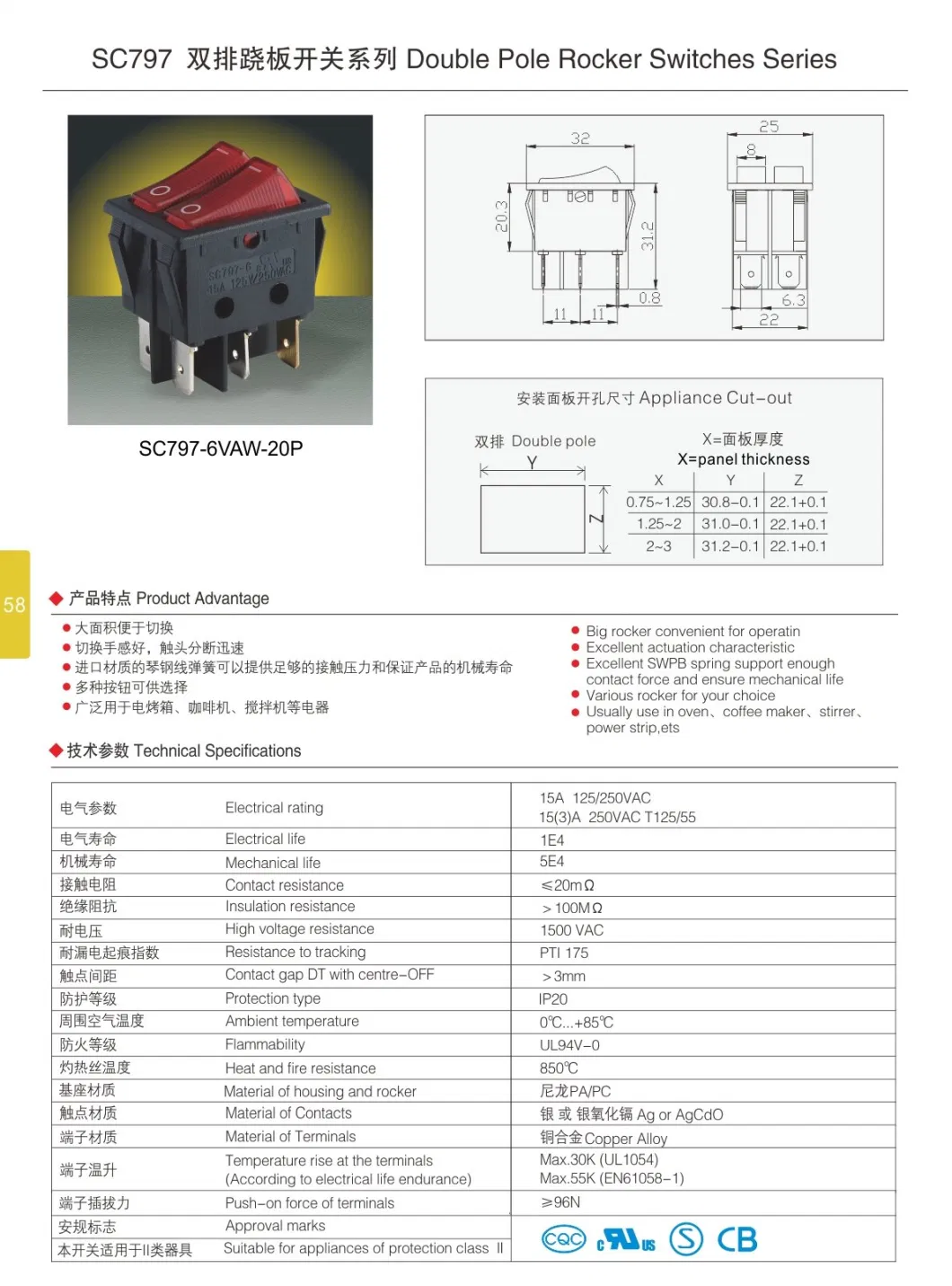 Sc797 Double Pole 15 (3) a 250V Red Green on-off on-on Coffee Machine Rocker Switch